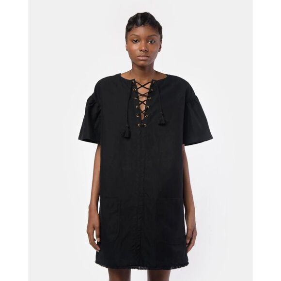 NWOT Ulla Johnson Marcelle Lace Up Cotton-Linen Shift Dress in Jet Black Sz 0 - Picture 2 of 11